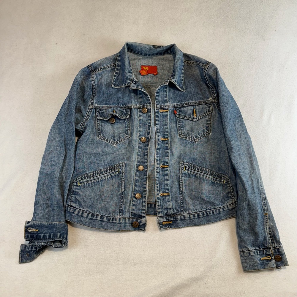 X2 Womens XL Y2K Denim Trucker Jacket Distressed Cropped Fitted 4 Pocket
